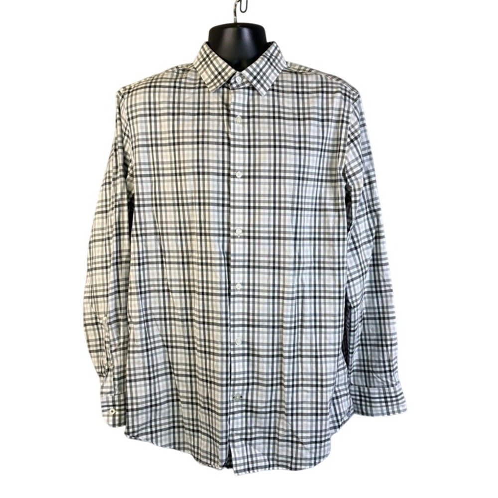 Banana Republic Camden Fit Plaid Non-Iron Cotton Shirt Mens Lg Grey Black White
